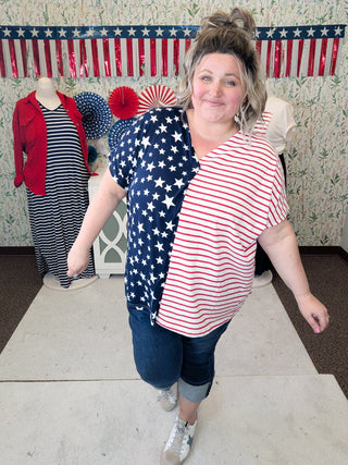 ***Shawnee Stars + Stripes Split Print Vneck Top-1- ShortSlv/Slvless Tops-WHITE BIRCH-Styled by Stacked - A Plus Size Women's Boutique in Lakeville, MN