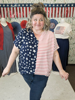 ***Shawnee Stars + Stripes Split Print Vneck Top-1- ShortSlv/Slvless Tops-WHITE BIRCH-Styled by Stacked - A Plus Size Women's Boutique in Lakeville, MN