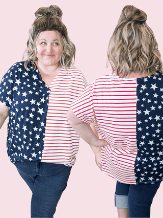 ***Shawnee Stars + Stripes Split Print Vneck Top-1- ShortSlv/Slvless Tops-WHITE BIRCH-Styled by Stacked - A Plus Size Women's Boutique in Lakeville, MN