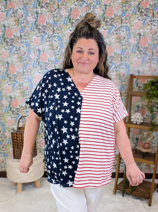 1- ShortSlv/Slvless Tops Shawnee Stars + Stripes Split Print Vneck Top plus size clothing