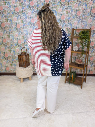 1- ShortSlv/Slvless Tops Shawnee Stars + Stripes Split Print Vneck Top plus size clothing