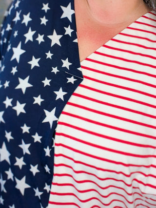 1- ShortSlv/Slvless Tops Shawnee Stars + Stripes Split Print Vneck Top plus size clothing