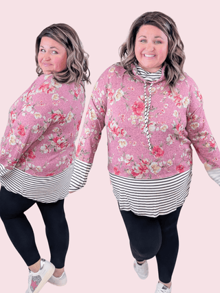 Sheila Mauve Floral Funnelneck Pullover w/Striped Accents-2- Long Sleeve Tops-HAPTICS-Styled by Stacked - A Plus Size Women's Boutique in Lakeville, MN