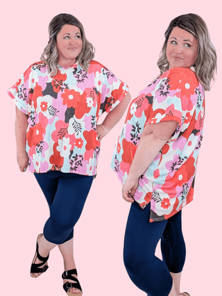 Shelbie Short Sleeve Dolman Top in Retro Floral plus size clothing