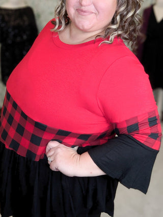 Shelby 3/4 Sleeve Top in Black & Red Buffalo Plaid-1- ShortSlv/Slvless Tops-VOLL-Styled by Stacked - A Plus Size Women's Boutique in Lakeville, MN