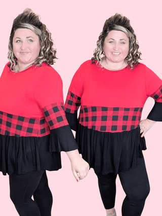 Shelby 3/4 Sleeve Top in Black & Red Buffalo Plaid-1- ShortSlv/Slvless Tops-VOLL-Styled by Stacked - A Plus Size Women's Boutique in Lakeville, MN