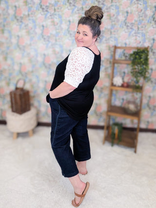 1- ShortSlv/Slvless Tops Shelly Ribbed Black Vneck w/Ivory Lace Sleeves plus size clothing
