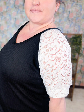 1- ShortSlv/Slvless Tops Shelly Ribbed Black Vneck w/Ivory Lace Sleeves plus size clothing