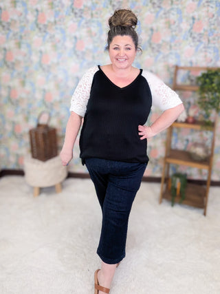 1- ShortSlv/Slvless Tops Shelly Ribbed Black Vneck w/Ivory Lace Sleeves plus size clothing