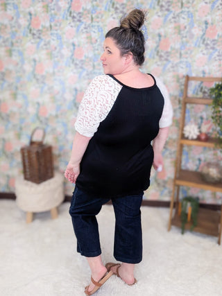 1- ShortSlv/Slvless Tops Shelly Ribbed Black Vneck w/Ivory Lace Sleeves plus size clothing