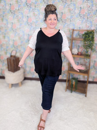1- ShortSlv/Slvless Tops Shelly Ribbed Black Vneck w/Ivory Lace Sleeves plus size clothing