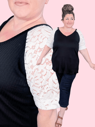 1- ShortSlv/Slvless Tops Shelly Ribbed Black Vneck w/Ivory Lace Sleeves plus size clothing