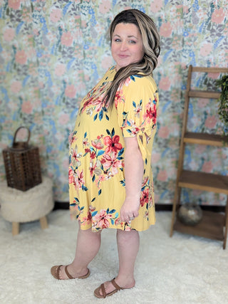 Skyler Tie Sleeve Floral Dress in Golden Yellow-11- Dress/Romp/Jump-EMERALD-Styled by Stacked - A Plus Size Women's Boutique in Lakeville, MN