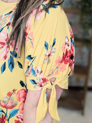 Skyler Tie Sleeve Floral Dress in Golden Yellow-11- Dress/Romp/Jump-EMERALD-Styled by Stacked - A Plus Size Women's Boutique in Lakeville, MN