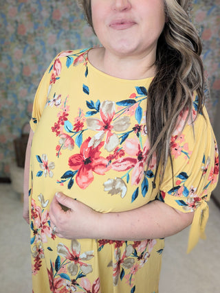 Skyler Tie Sleeve Floral Dress in Golden Yellow-11- Dress/Romp/Jump-EMERALD-Styled by Stacked - A Plus Size Women's Boutique in Lakeville, MN