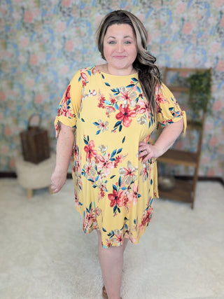 Skyler Tie Sleeve Floral Dress in Golden Yellow-11- Dress/Romp/Jump-EMERALD-Styled by Stacked - A Plus Size Women's Boutique in Lakeville, MN