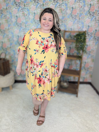 Skyler Tie Sleeve Floral Dress in Golden Yellow-11- Dress/Romp/Jump-EMERALD-Styled by Stacked - A Plus Size Women's Boutique in Lakeville, MN