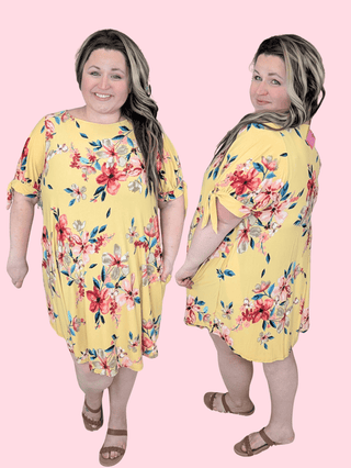Skyler Tie Sleeve Floral Dress in Golden Yellow-11- Dress/Romp/Jump-EMERALD-Styled by Stacked - A Plus Size Women's Boutique in Lakeville, MN