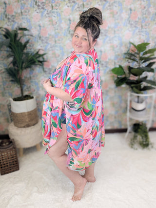 Sloane Tropical Painted Kimono in Pink Multi Blend-4- Overlayer Tops-urbanista-Styled by Stacked - A Plus Size Women's Boutique in Lakeville, MN
