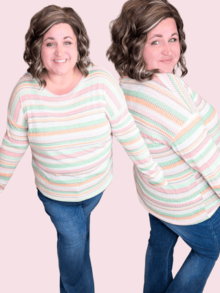 Sofia Textured Long Sleeve Top in Candy Apple Stripes-2- Long Sleeve Tops-HAPTICS-Styled by Stacked - A Plus Size Women's Boutique in Lakeville, MN