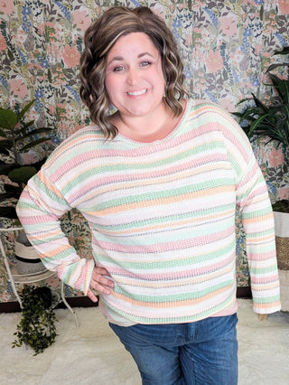 Sofia Textured Long Sleeve Top in Candy Apple Stripes-2- Long Sleeve Tops-HAPTICS-Styled by Stacked - A Plus Size Women's Boutique in Lakeville, MN