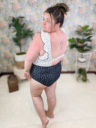 ***Soleil Polka Dot Ruffle One Piece Swimsuit-SWIMWEAR-WHITE BIRCH-Styled by Stacked - A Plus Size Women's Boutique in Lakeville, MN