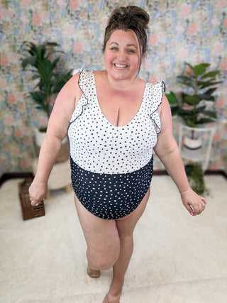 ***Soleil Polka Dot Ruffle One Piece Swimsuit-SWIMWEAR-WHITE BIRCH-Styled by Stacked - A Plus Size Women's Boutique in Lakeville, MN