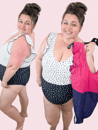 ***Soleil Polka Dot Ruffle One Piece Swimsuit-SWIMWEAR-WHITE BIRCH-Styled by Stacked - A Plus Size Women's Boutique in Lakeville, MN