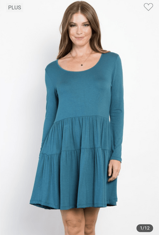 Sonia Solid Tiered Long Sleeve Dress (4 colors)-11- Dress/Romp/Jump-BE STAGE-Styled by Stacked - A Plus Size Women's Boutique in Lakeville, MN