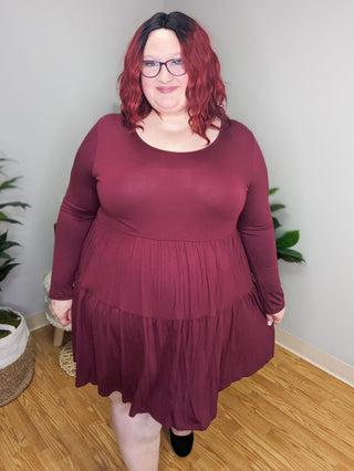 Sonia Solid Tiered Long Sleeve Dress (4 colors)-11- Dress/Romp/Jump-BE STAGE-Styled by Stacked - A Plus Size Women's Boutique in Lakeville, MN