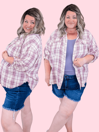 2- Long Sleeve Tops Sophia Flannel w/Fringe Bottom in Pinky Plum plus size clothing