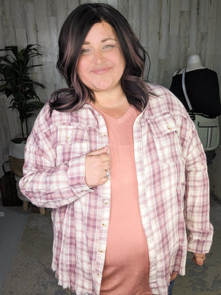 Sophie Plaid ButtonDown w/Fringe Bottom in Pinky Plum-2- Long Sleeve Tops-WHITE BIRCH-Styled by Stacked - A Plus Size Women's Boutique in Lakeville, MN