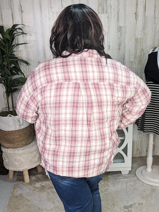 Sophie Plaid ButtonDown w/Fringe Bottom in Pinky Plum-2- Long Sleeve Tops-WHITE BIRCH-Styled by Stacked - A Plus Size Women's Boutique in Lakeville, MN