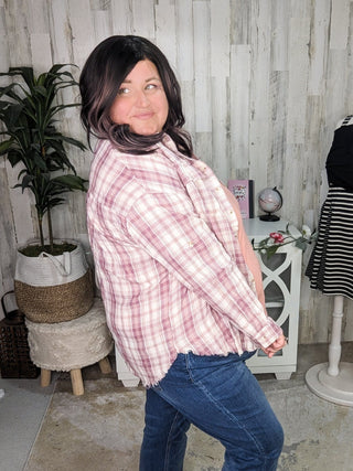 Sophie Plaid ButtonDown w/Fringe Bottom in Pinky Plum-2- Long Sleeve Tops-WHITE BIRCH-Styled by Stacked - A Plus Size Women's Boutique in Lakeville, MN