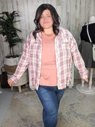 Sophie Plaid ButtonDown w/Fringe Bottom in Pinky Plum-2- Long Sleeve Tops-WHITE BIRCH-Styled by Stacked - A Plus Size Women's Boutique in Lakeville, MN