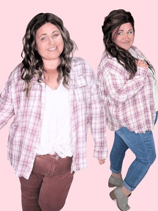 Sophie Plaid ButtonDown w/Fringe Bottom in Pinky Plum-2- Long Sleeve Tops-WHITE BIRCH-Styled by Stacked - A Plus Size Women's Boutique in Lakeville, MN