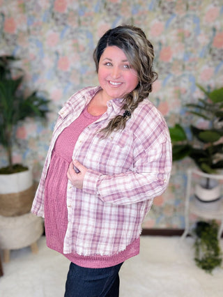 Sophie Plaid ButtonDown w/Fringe Bottom in Pinky Plum-2- Long Sleeve Tops-WHITE BIRCH-Styled by Stacked - A Plus Size Women's Boutique in Lakeville, MN
