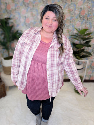 Sophie Plaid ButtonDown w/Fringe Bottom in Pinky Plum-2- Long Sleeve Tops-WHITE BIRCH-Styled by Stacked - A Plus Size Women's Boutique in Lakeville, MN