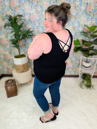 Spencer Strappy Reversible Tank in Black-1- ShortSlv/Slvless Tops-WHITE BIRCH-Styled by Stacked - A Plus Size Women's Boutique in Lakeville, MN