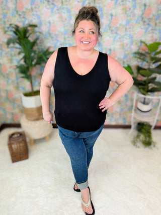 Spencer Strappy Reversible Tank in Black-1- ShortSlv/Slvless Tops-WHITE BIRCH-Styled by Stacked - A Plus Size Women's Boutique in Lakeville, MN