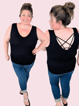 Spencer Strappy Reversible Tank in Black-1- ShortSlv/Slvless Tops-WHITE BIRCH-Styled by Stacked - A Plus Size Women's Boutique in Lakeville, MN