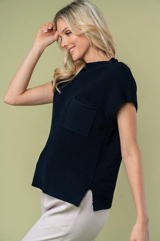 Stacie Cap Sleeve Sweater w/Chest Pocket in Black-1- ShortSlv/Slvless Tops-WHITE BIRCH-Styled by Stacked - A Plus Size Women's Boutique in Lakeville, MN