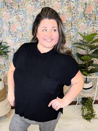 Stacie Cap Sleeve Sweater w/Chest Pocket in Black-1- ShortSlv/Slvless Tops-WHITE BIRCH-Styled by Stacked - A Plus Size Women's Boutique in Lakeville, MN