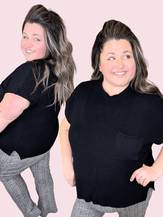 Stacie Cap Sleeve Sweater w/Chest Pocket in Black-1- ShortSlv/Slvless Tops-WHITE BIRCH-Styled by Stacked - A Plus Size Women's Boutique in Lakeville, MN