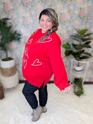 Amore Red Pullover w/Puff Hearts-2- Long Sleeve Tops-WHITE BIRCH-Styled by Stacked - A Plus Size Women's Boutique in Lakeville, MN