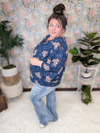 Luna Ruched 3/4 Sleeve Top in Navy Floral-2- Long Sleeve Tops-WHITE BIRCH-Styled by Stacked - A Plus Size Women's Boutique in Lakeville, MN