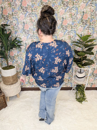 Luna Ruched 3/4 Sleeve Top in Navy Floral-2- Long Sleeve Tops-WHITE BIRCH-Styled by Stacked - A Plus Size Women's Boutique in Lakeville, MN