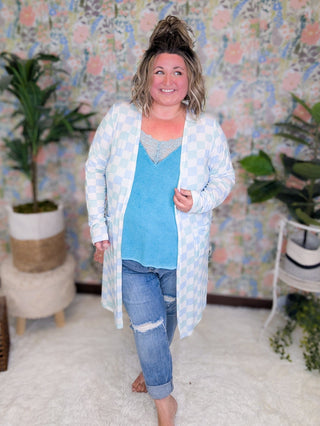 Tinley Tissue Weight Pocket Cardigan in Checkers-4- Overlayer Tops-MICHELLE MAE-Styled by Stacked - A Plus Size Women's Boutique in Lakeville, MN