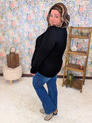 Greta Ribbed Pullover w/Button Sleeve Accents