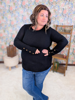 Greta Ribbed Pullover w/Button Sleeve Accents